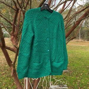 Hand-Knitted‎ Teal Cardigan Sweater With Button Closure & Pockets ( Missing Size